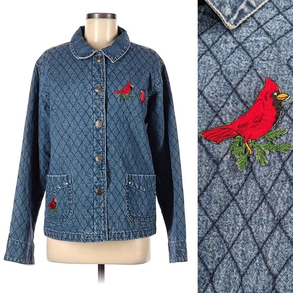 Vintage 1990s PTNY Denim Jacket Quilted Cardinal Embroidered Cottage Size M - Picture 1 of 11